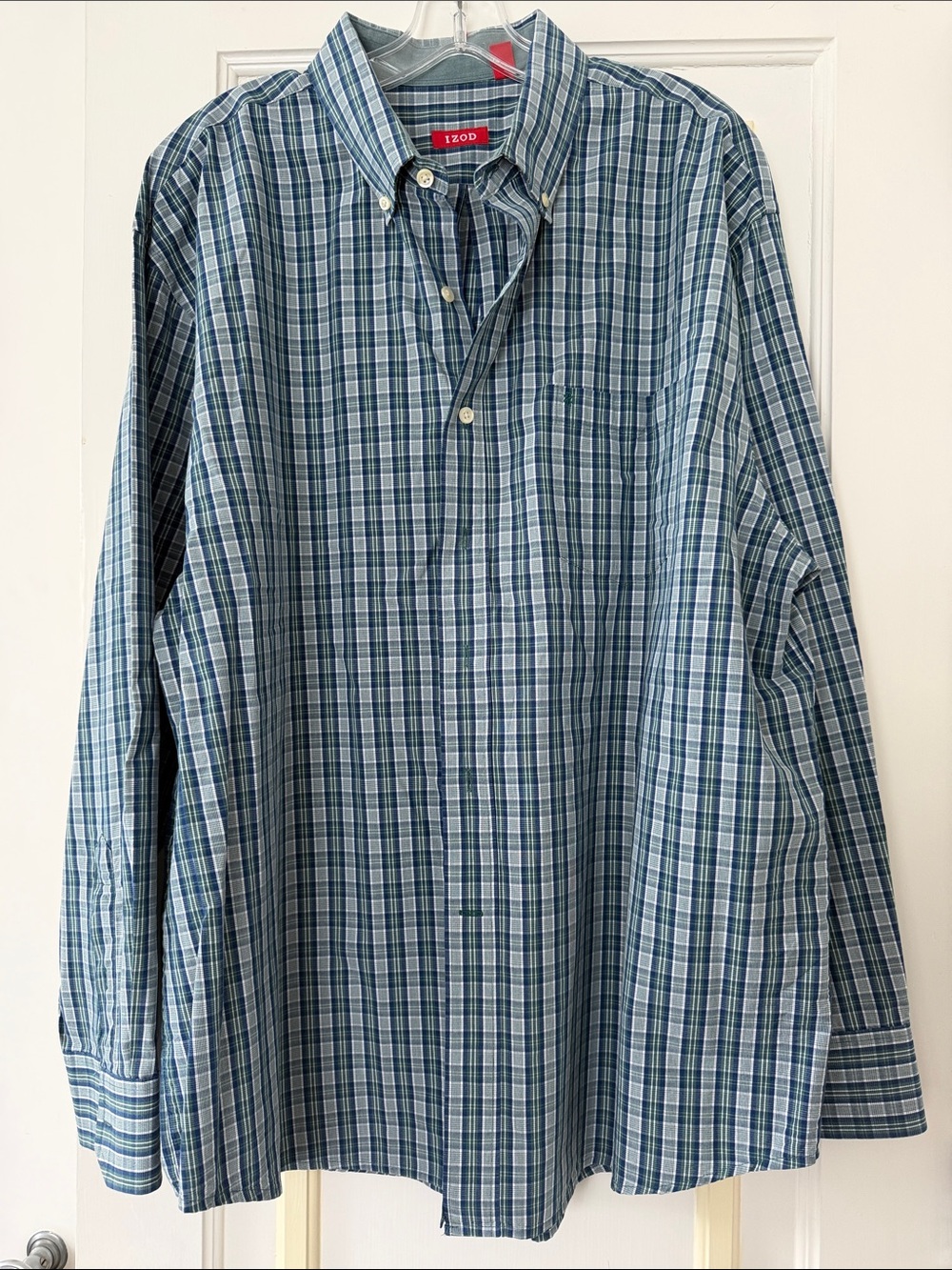 Izod Blue and White Plaid Long-Sleeve Button-Down Shirt